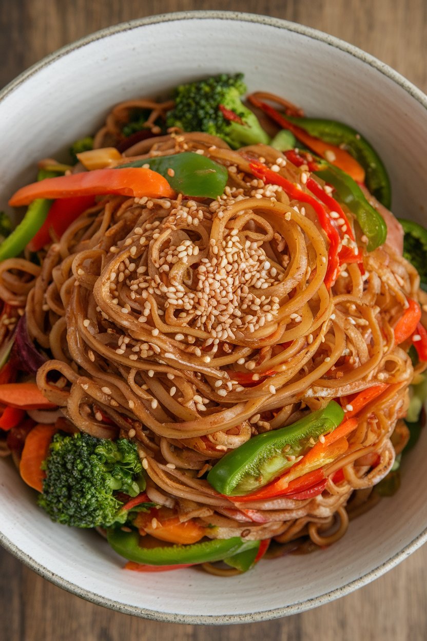 Indoor food photo of brown rice noodles tossed with vegetables and sesame seeds in a deep bowl; no text or logos.