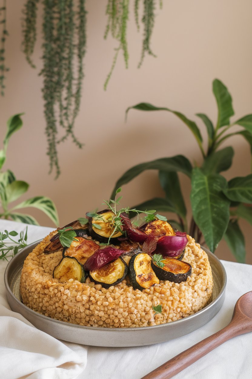 Indoor dining table with a platter of fluffy millet studded with roasted zucchini, red onion, and herbs. No logos or text.