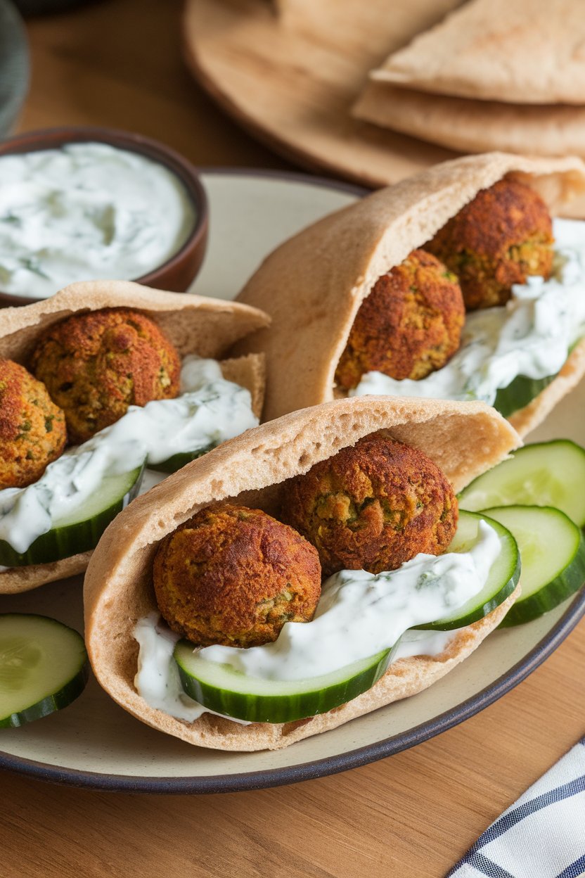 Indoor casual lunch setting with halved whole-wheat pitas filled with baked falafel balls, cucumber slices, and creamy tzatziki sauce. Photo, no text or logos.