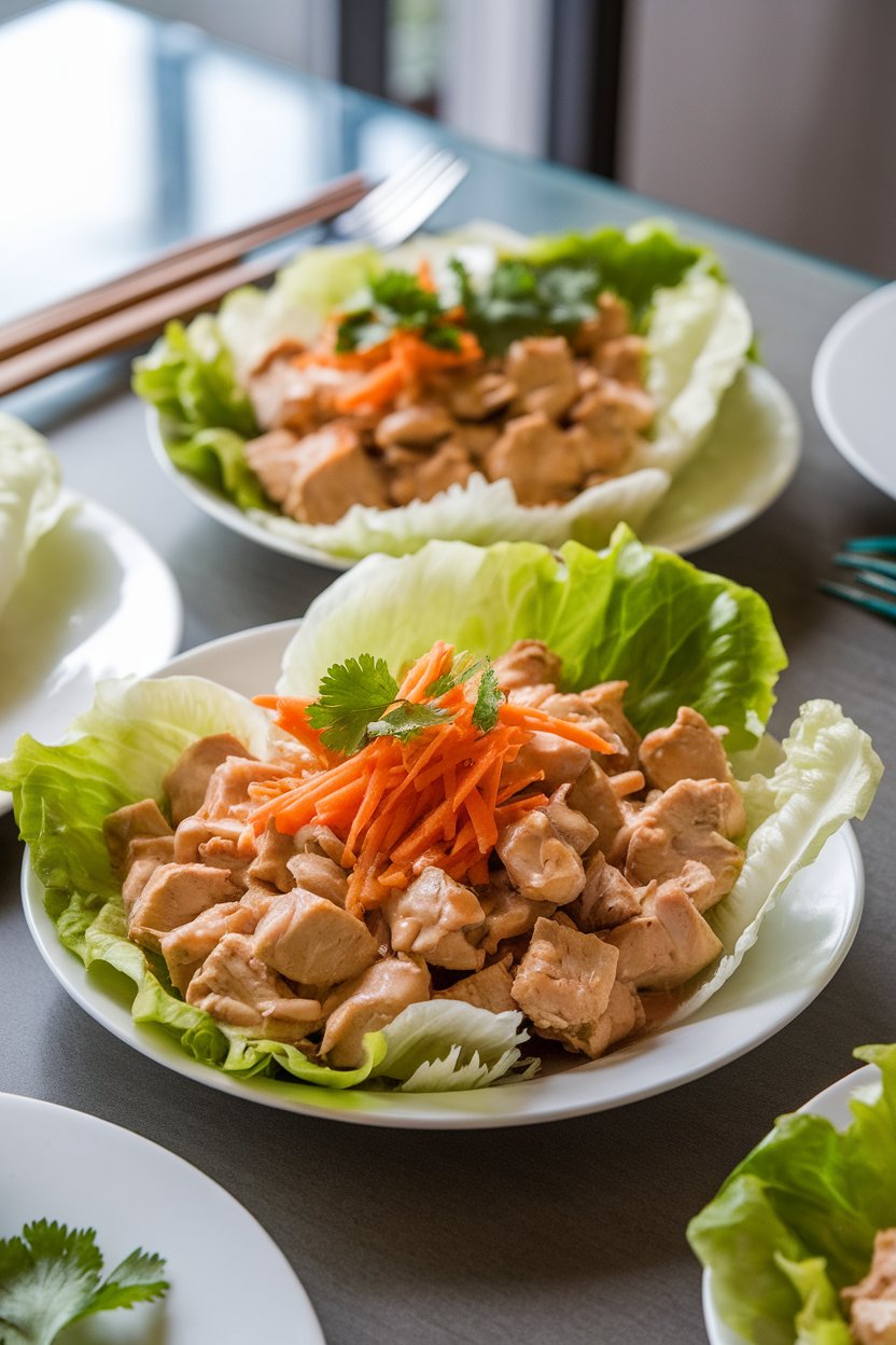 A dining table indoors with butter lettuce leaves holding diced chicken coated in a light peanut sauce, scattered with shredded carrots and cilantro; no text or logos; photo.