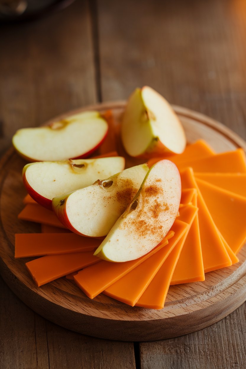 Indoor snack plate featuring crisp apple wedges paired with thin cheddar rectangles on a wooden board. No text or logos present.