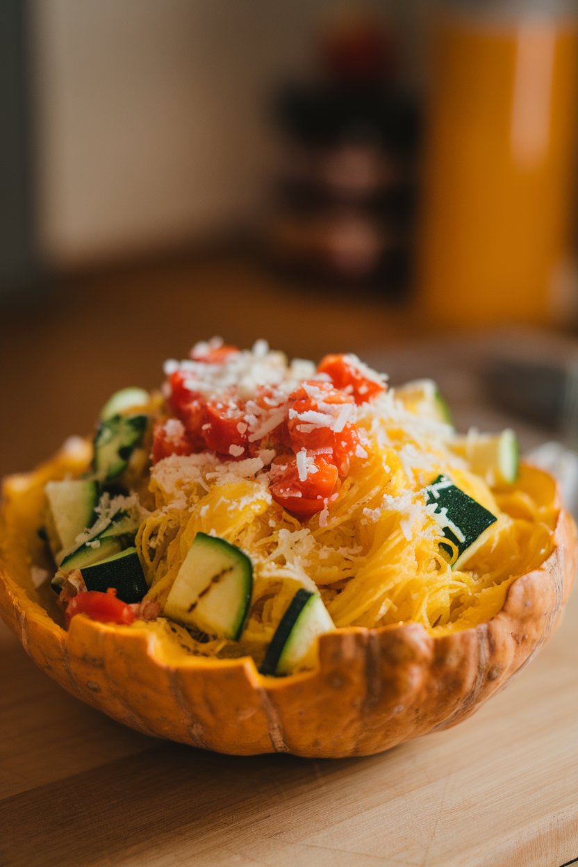 Photo of an indoor bowl holding roasted spaghetti squash strands mixed with diced zucchini, tomatoes, and Parmesan, no text or logos