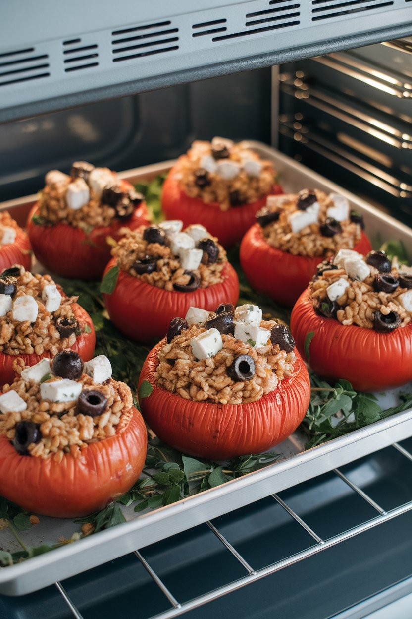 Indoor oven tray with large tomatoes filled with chicken, farro, olives, and feta, tops slightly browned. Photo, no text or logos present.