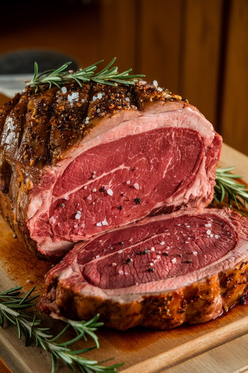 A medium-rare prime rib on a carving board indoors, rosy center showing, crust seasoned with cracked pepper and sea salt, garnished with fresh rosemary—no text or logos. Photo.