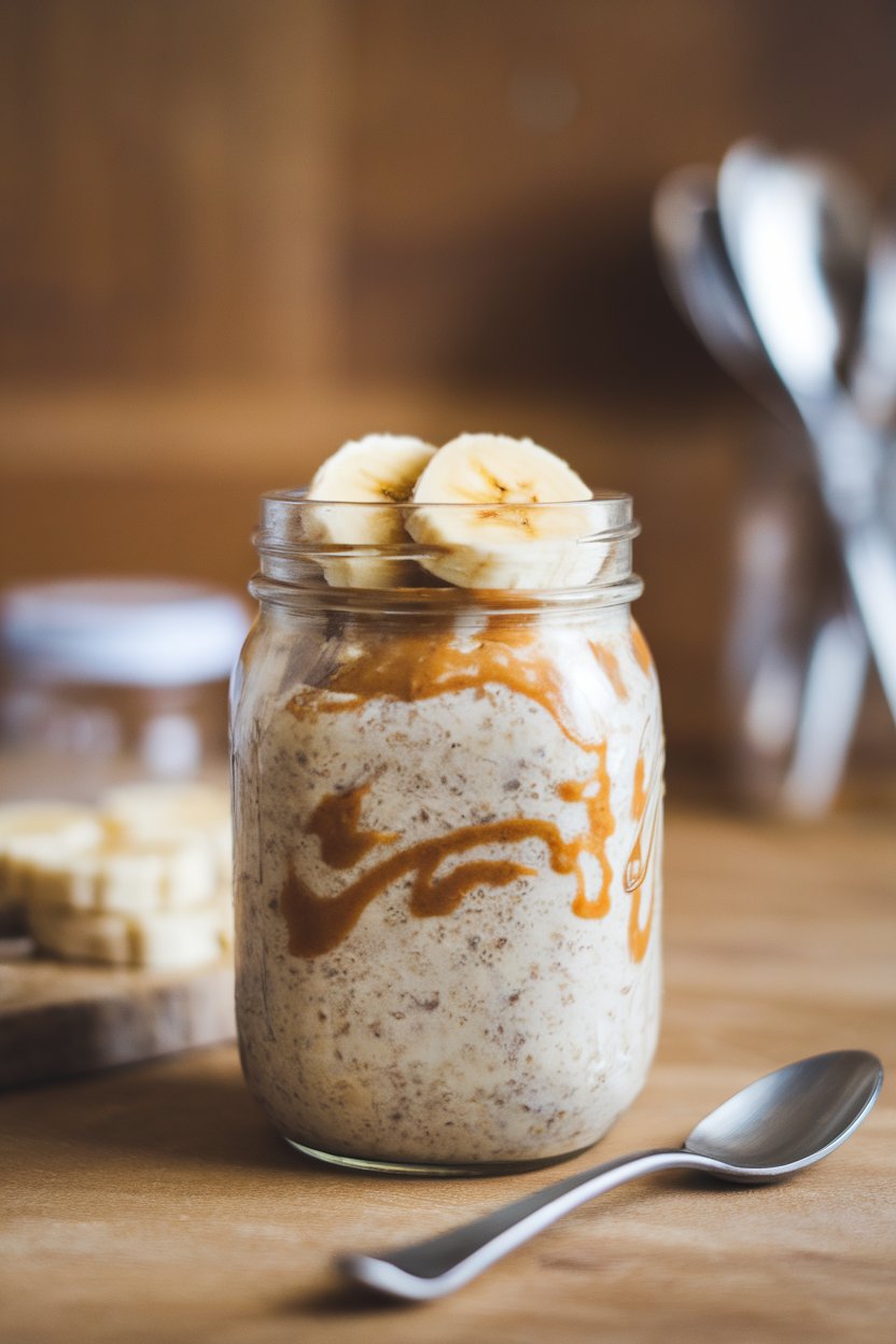 Photo, indoors, mason jar of overnight oats streaked with almond butter, banana slices on top, small spoon resting beside jar. No text or logos.