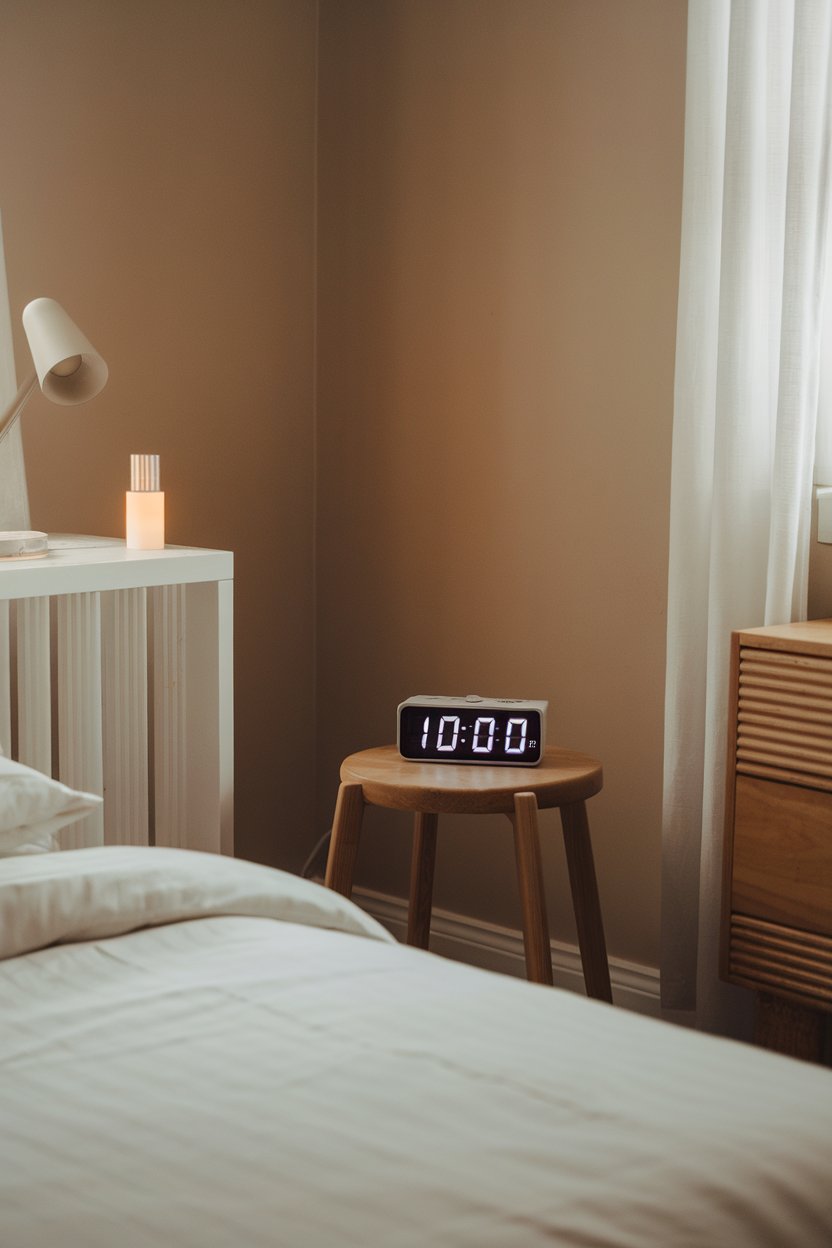 An indoor bedroom scene with a softly lit alarm clock showing 10:00 PM next to a tidy bed, no text or logos, photo only