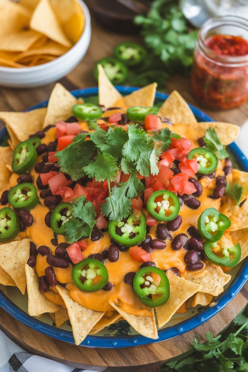 An indoor party platter of tortilla chips smothered in cashew cheese sauce, black beans, jalapeños, and diced tomatoes. No text or logos; photo, not illustration.