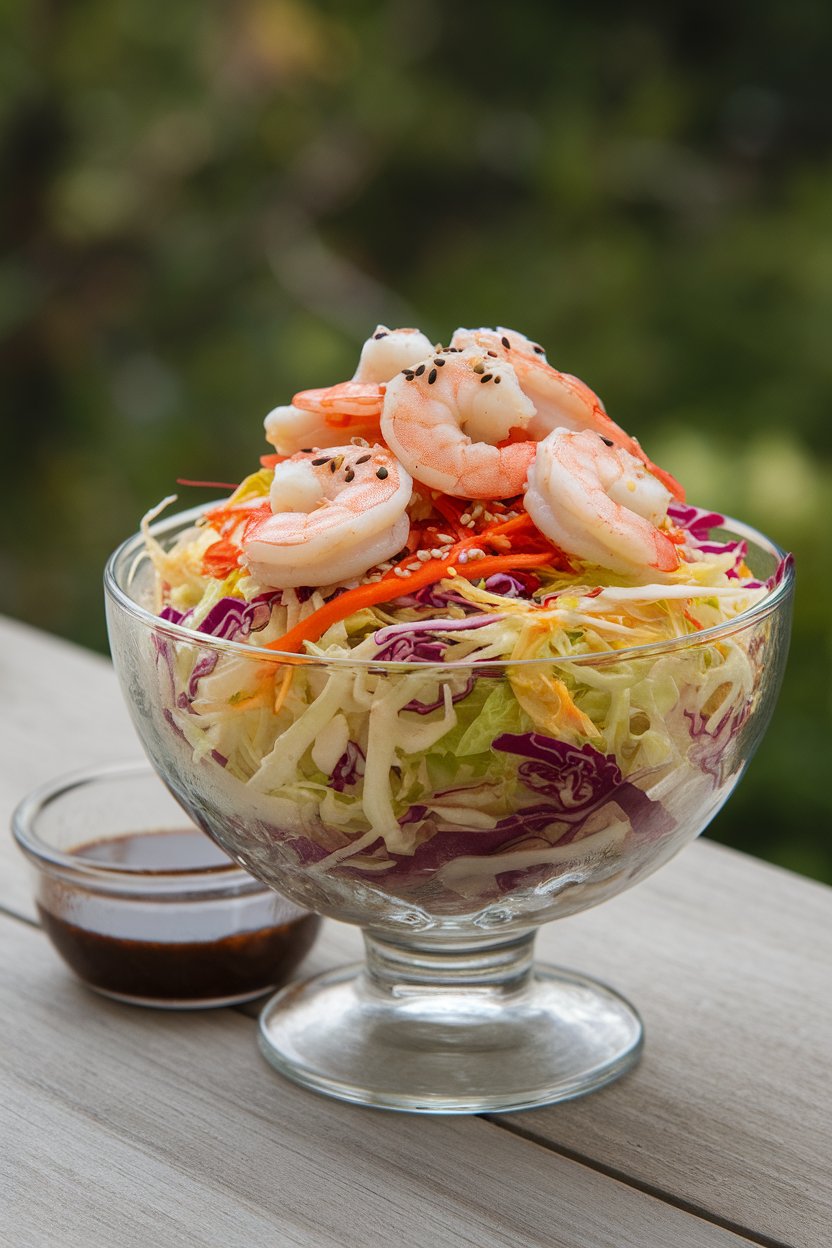 A glass bowl indoors of colorful cabbage slaw topped with chilled cooked shrimp and sesame seeds, small dressing cup beside. No logos.