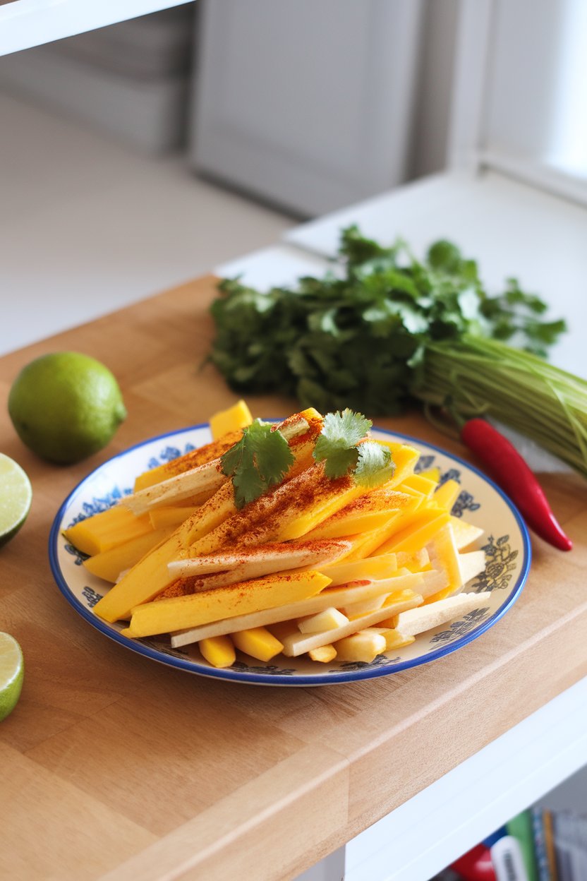 Indoor kitchen bright scene showing a plate of thinly sliced mango and jicama sticks tossed with lime juice, chili powder, and cilantro. Photo only, no text or logos.