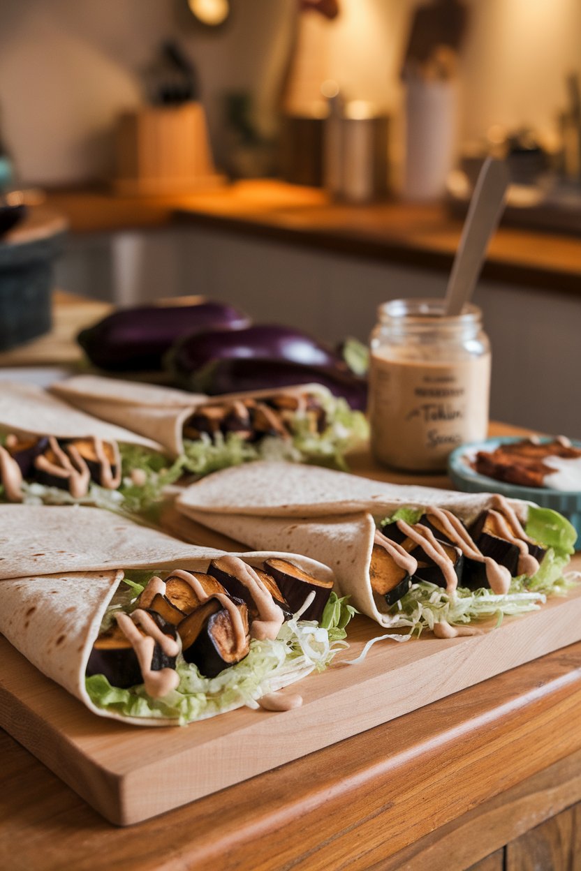 Indoor counter with whole-wheat wraps filled with roasted eggplant cubes, shredded lettuce, and a drizzle of tahini sauce. No text or logos.