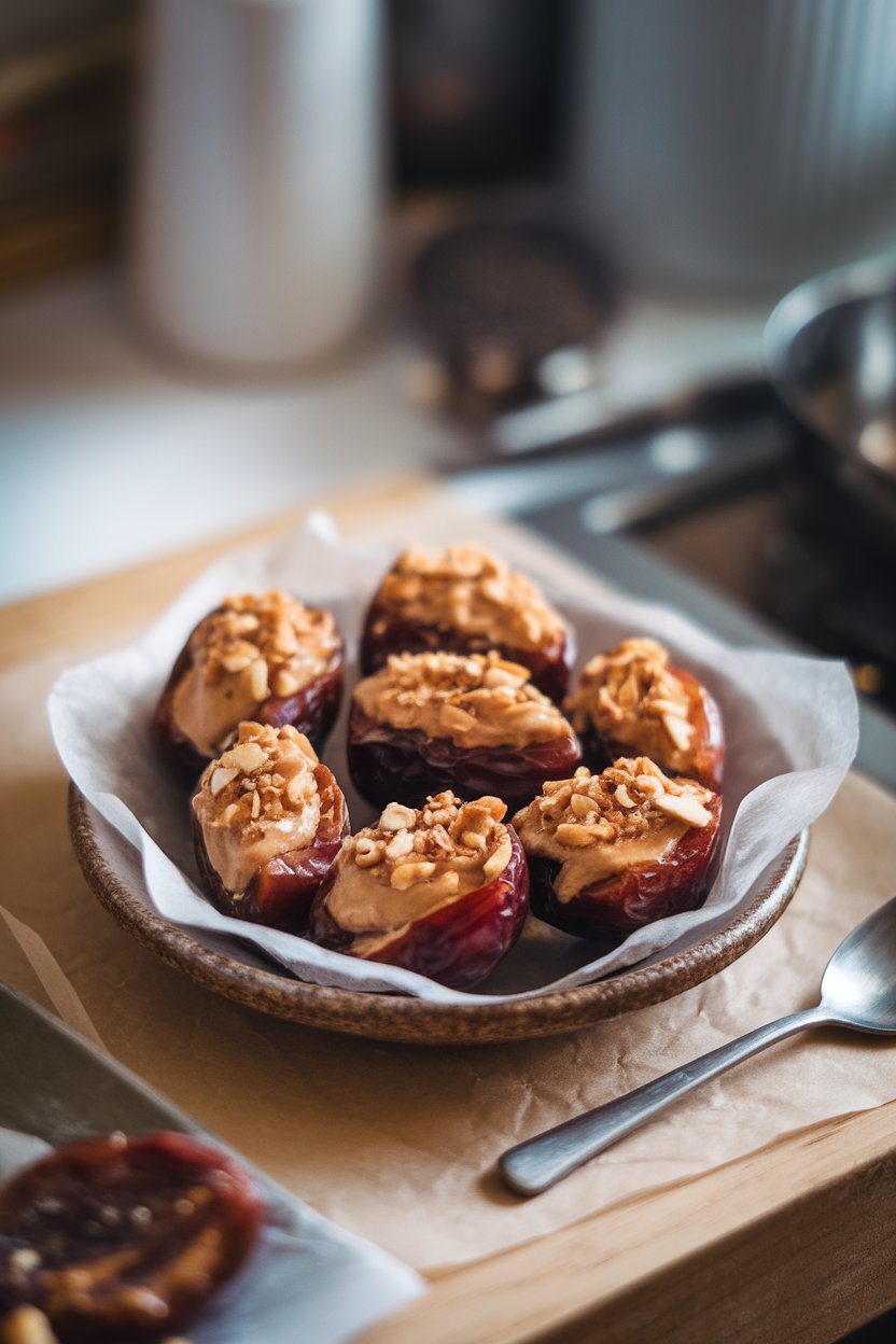 An indoor kitchen counter showing halved Medjool dates filled with creamy almond butter and sprinkled with crushed almonds on a small ceramic plate. Soft side lighting, no text or logos.