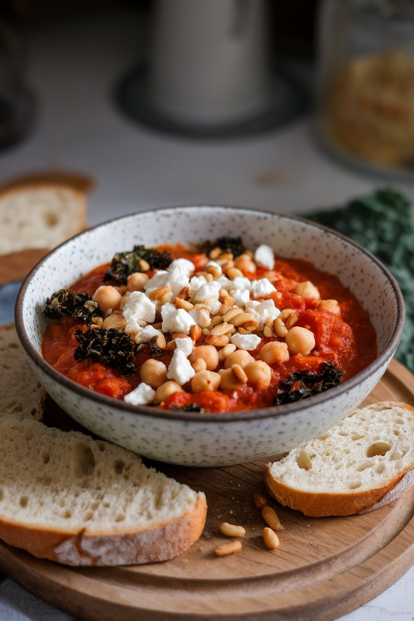 A rustic indoor bowl of tomato-based stew featuring chickpeas and dark green kale leaves; photo only, no text or logos.