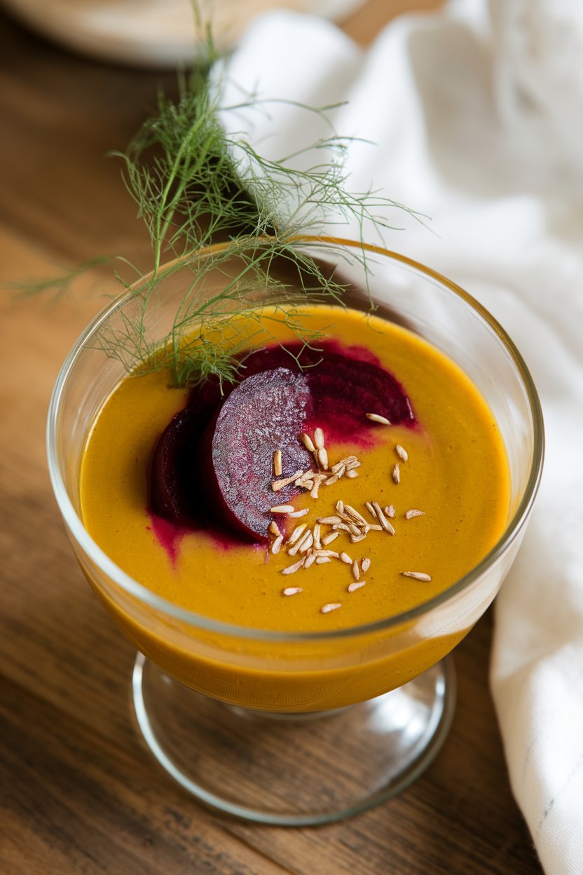 Indoor photo of golden yellow beet soup with fennel frond garnish served in a glass bowl; no text or logos