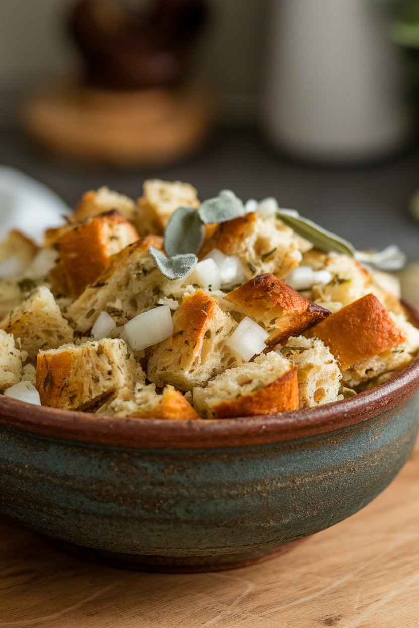 A rustic ceramic bowl indoors filled with toasted bread stuffing, diced onions and sage leaves visible, no text or logos. Photo.