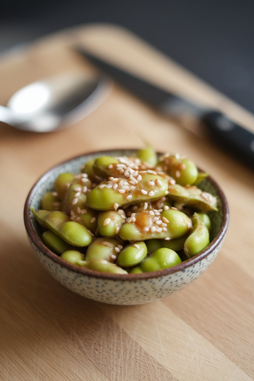 Indoor food photo of shelled edamame tossed in ginger-garlic glaze in a small bowl; sesame seeds sprinkled, no text or logos.