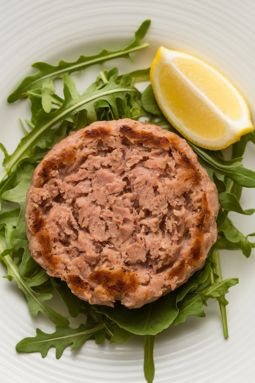 Indoor dinner plate with turkey burger patty on a bed of arugula, garnished with lemon wedge—no text or logos.