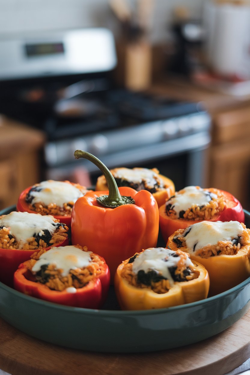Photo of halved bell peppers filled with ground turkey, spinach, and brown rice, melted cheese on top, sitting in a baking dish indoors; no text or logos.