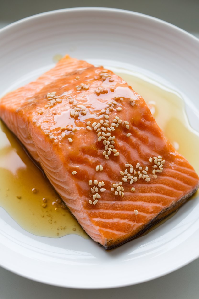 Indoor photo of cooked salmon fillet brushed with shiny honey-ginger glaze, flecks of sesame seeds on top, on a white plate. No text or logos.