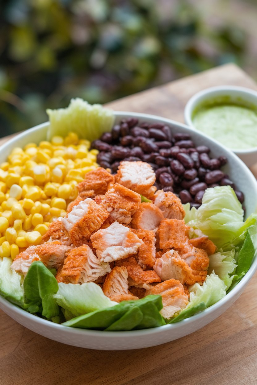 An indoor bowl filled with chopped romaine, cooked blackened cod flakes, corn, black beans, and avocado lime dressing on the side. No text or logos present. Photo only.