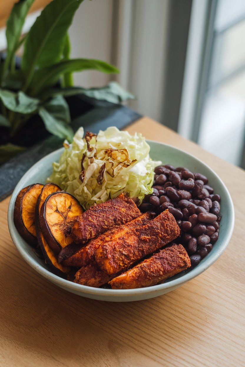 Indoor setting with a bowl of jerk-seasoned chicken strips, baked plantain slices, black beans, and shredded cabbage. No text or logos.