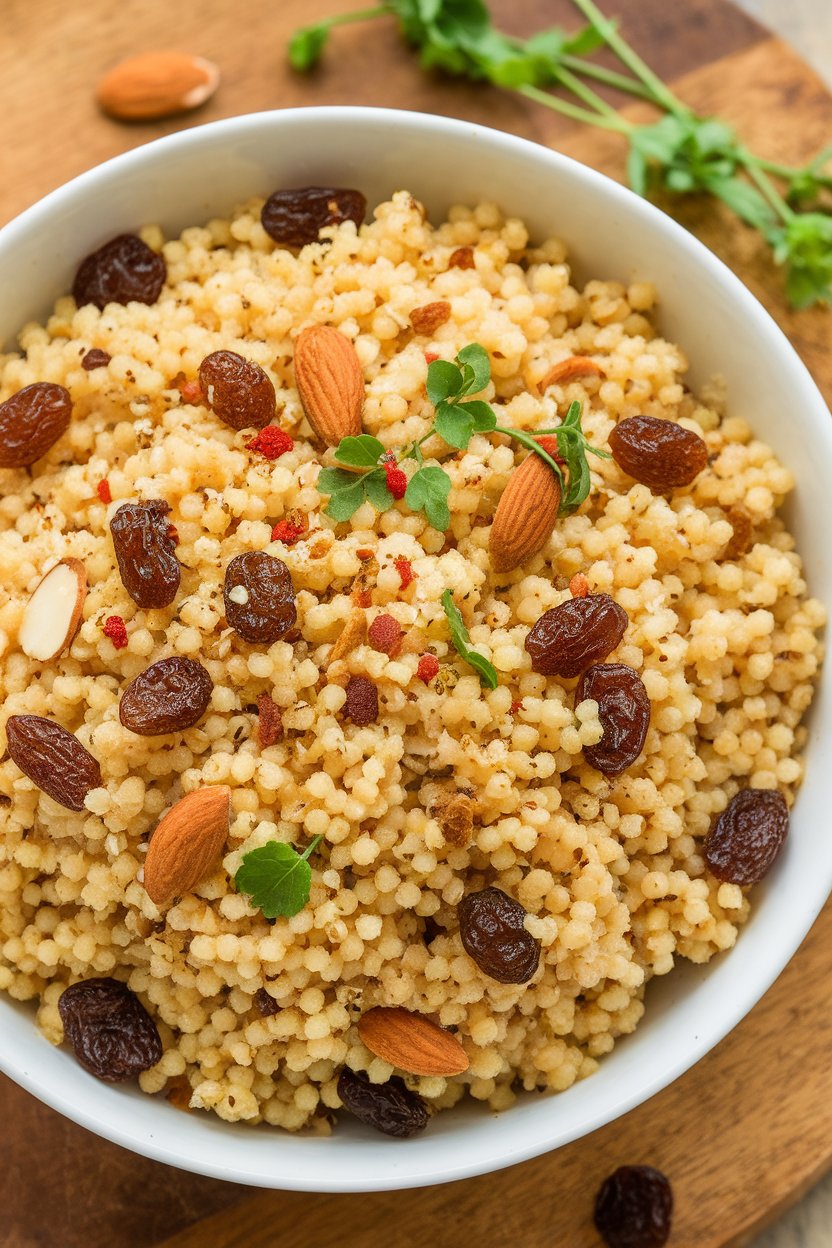 Indoor bowl of fluffy couscous speckled with raisins, almonds, and spices—no text or logos.