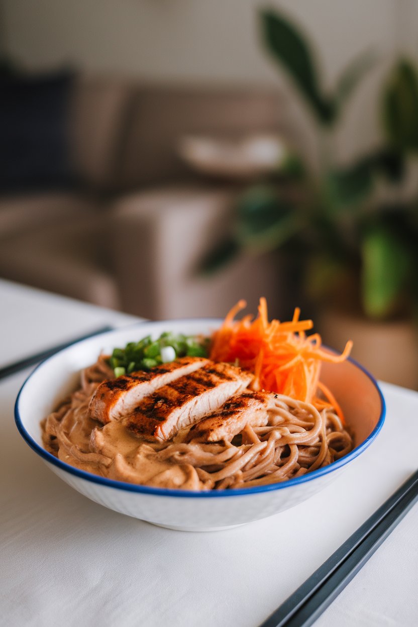 Indoor dinner table showcasing a bowl of soba noodles coated in creamy peanut sauce, grilled chicken strips, shredded carrots, and green onions. Photo, no text or logos present.