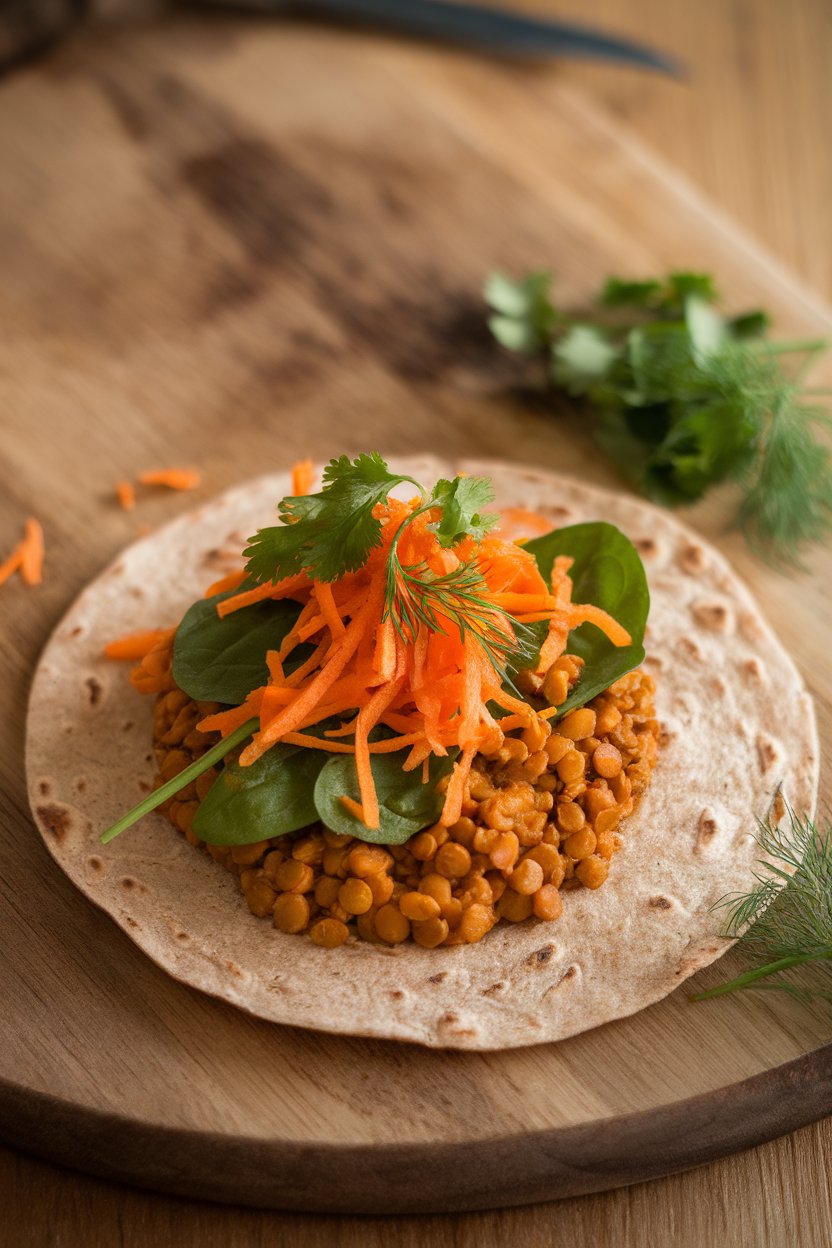 Indoor shot of an open wrap with turmeric-hued lentils, grated carrots, and baby spinach on a whole-grain tortilla. No logos or writing.