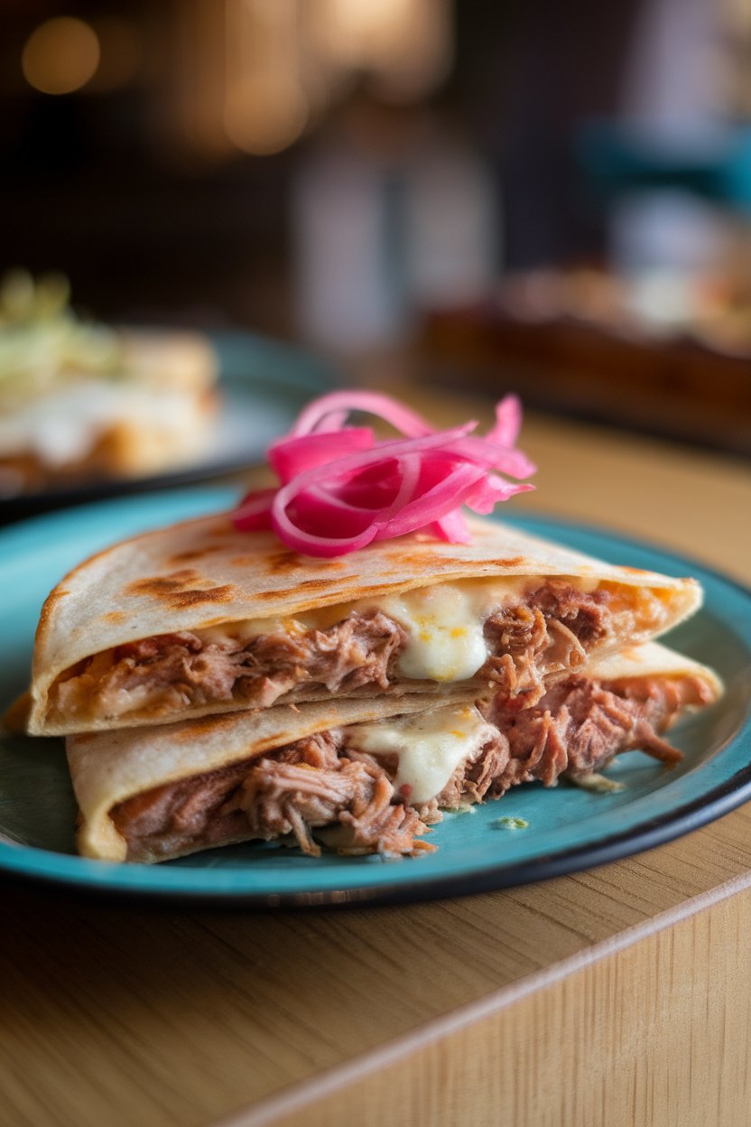 Indoor plate, pulled pork quesadilla with pink pickled onion ribbons peeking out, photo, no text or logos.