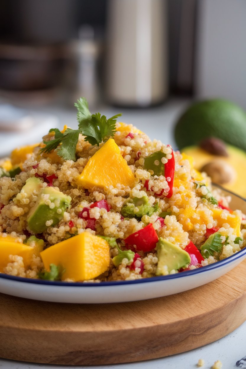 Photo of a vibrant quinoa salad with chunks of ripe mango, avocado, red bell pepper, and cilantro indoors; no text or logos visible.