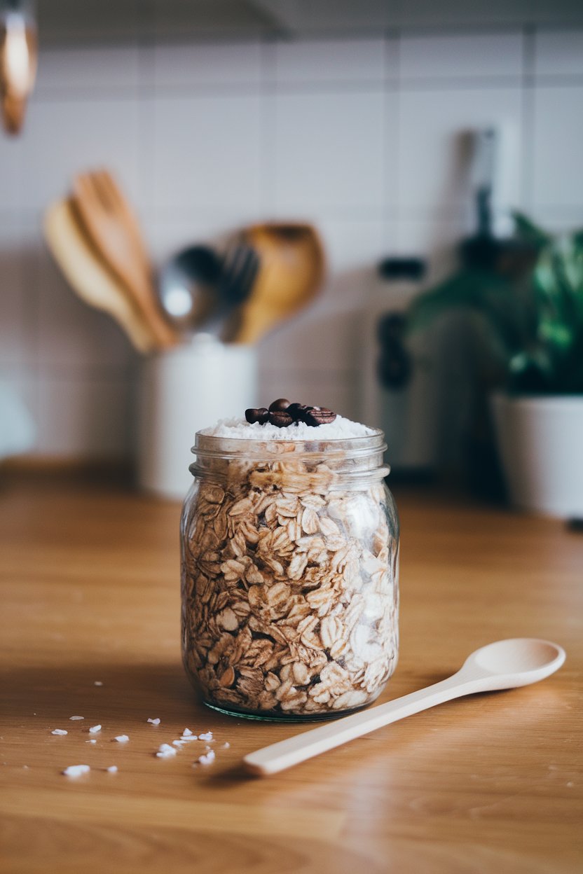 Indoor kitchen island photo of a jar filled with dark mocha oats, sprinkled with shredded coconut and a few coffee beans beside it. No text or logos. Photo only.