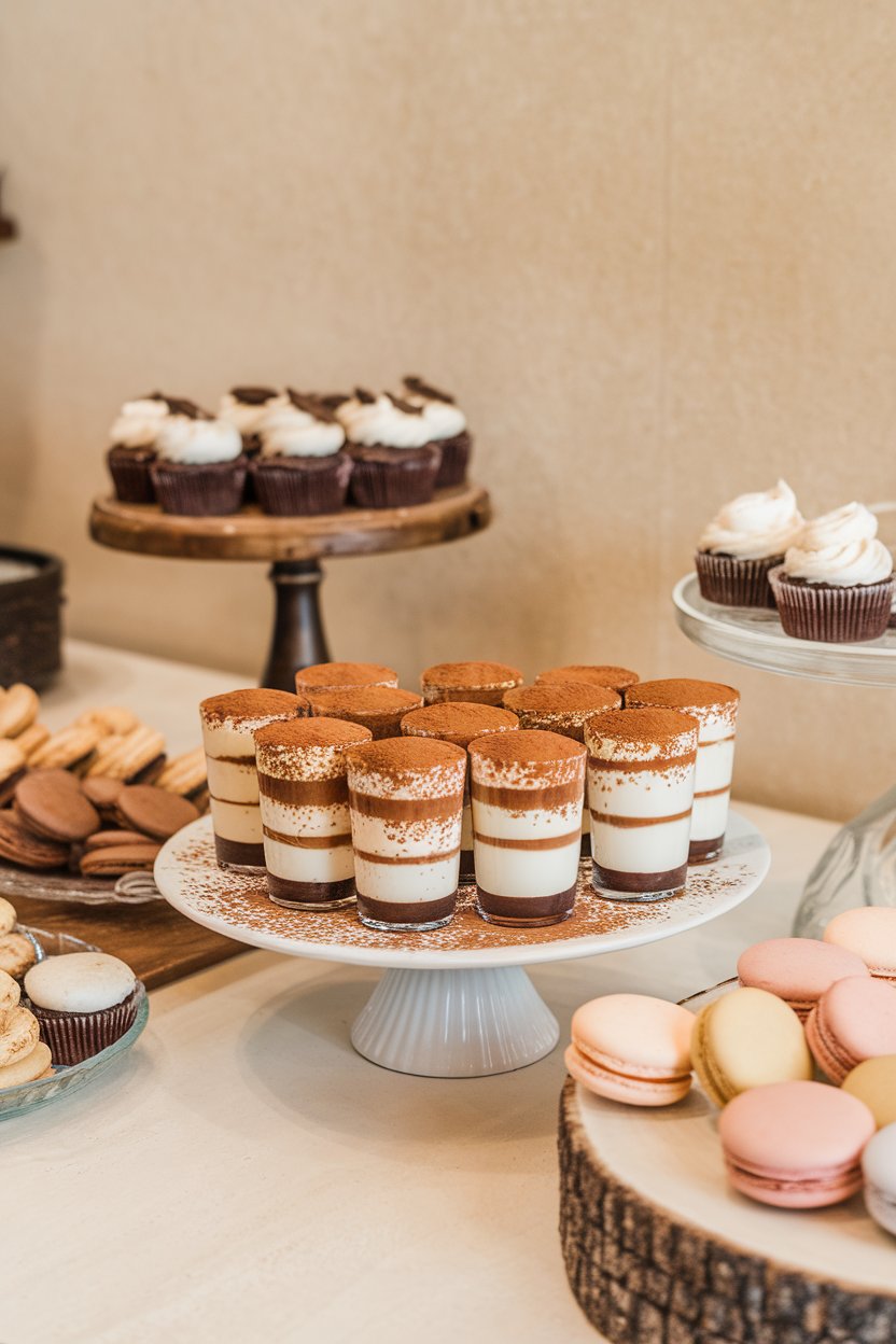 Photo of layered brown-and-white shots dusted with cocoa powder, indoor dessert bar; no branding.