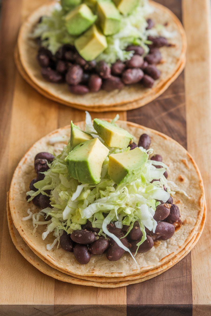 Indoor photo of corn tortillas topped with seasoned black beans, diced avocado, and cabbage slaw on a wooden board. No text or logos.