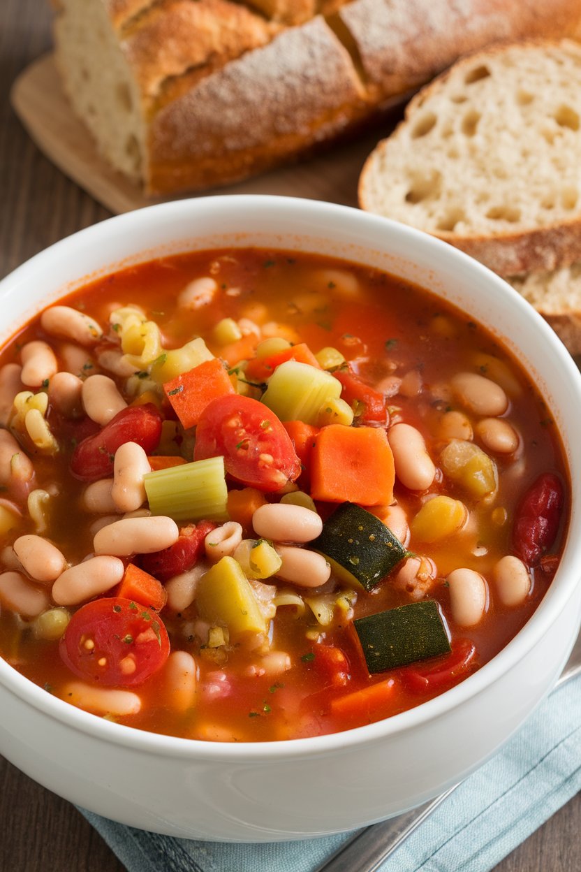 Indoor photo of a bowl of colorful minestrone with beans, pasta, and plenty of vegetables, no text or logos.