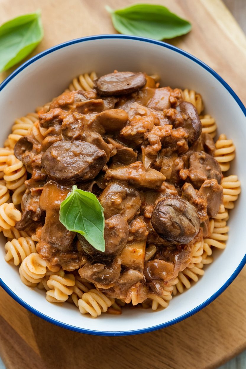 Indoor photo of a bowl of whole-grain pasta topped with slow-cooked beef and mushroom ragu, basil leaves scattered, no text or logos