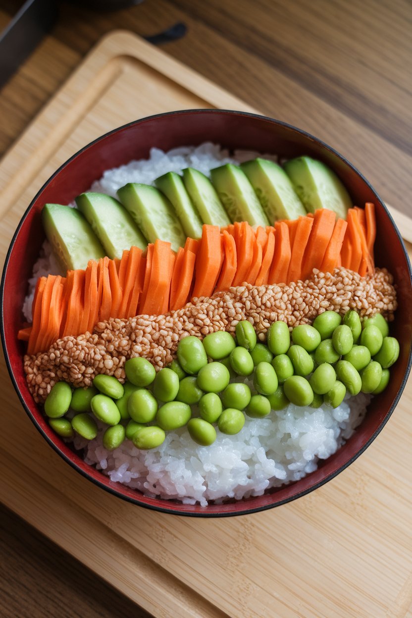 An indoor bowl with sushi rice topped by neat rows of avocado, cucumber, carrot ribbons, edamame, and sesame seeds; no text or logos.