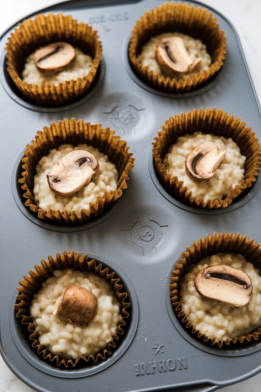 An indoor baking tray with silicone muffin molds holding baked mushroom risotto cups, tops lightly browned, no logos.
