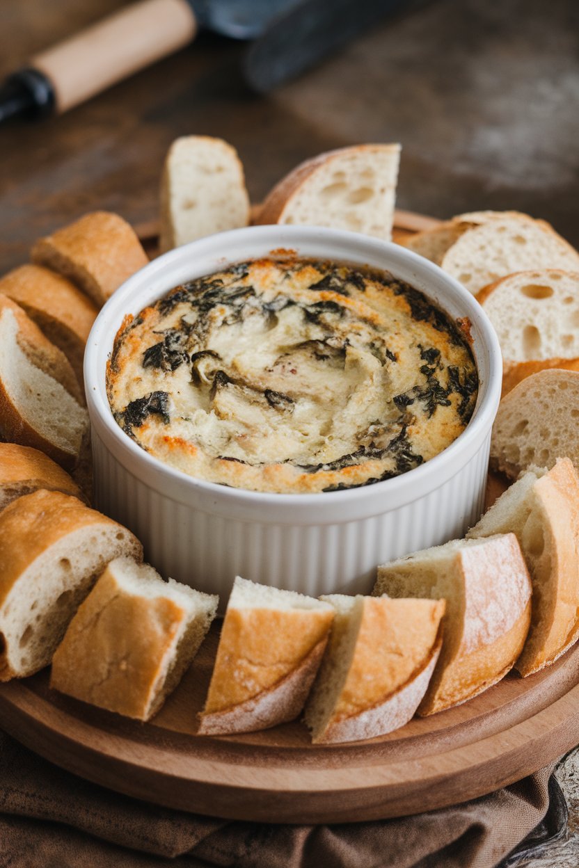 Indoor ceramic ramekin with bubbling spinach artichoke dip, surrounded by sliced baguette. No text or logos. Photo only.