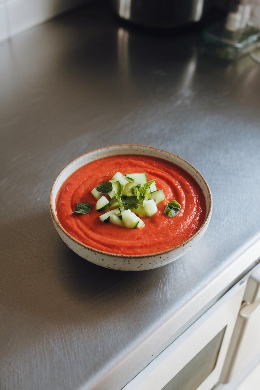 Indoor kitchen counter with a chilled bowl of smooth tomato gazpacho garnished with diced cucumber and basil chiffonade. No text or logos visible.