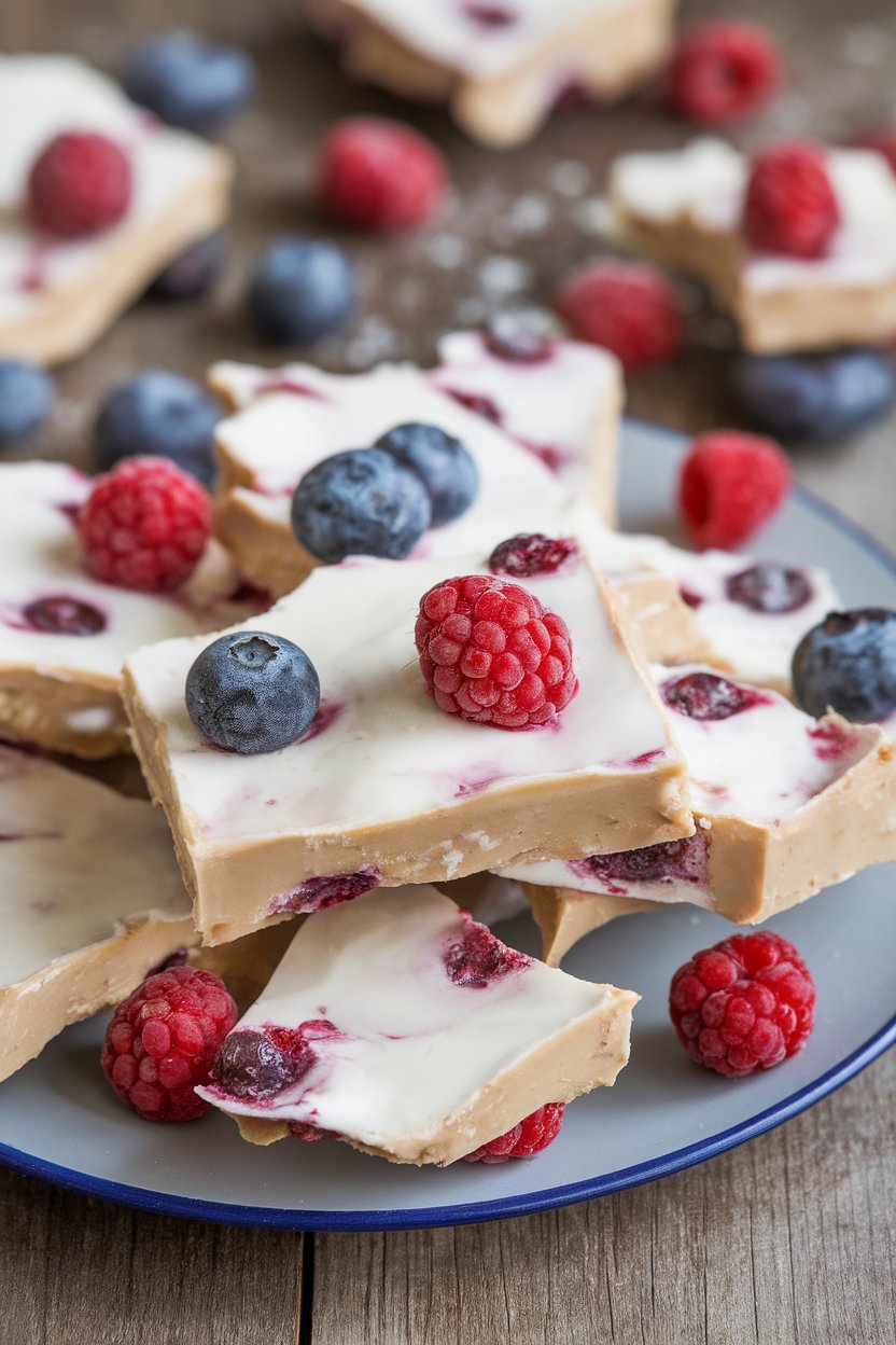 Photo of broken pieces of frozen yogurt bark studded with berries on an indoor plate. No branding or text visible.