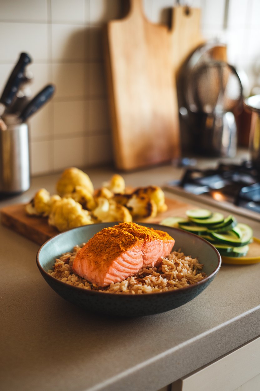 An indoor countertop showing a bowl of turmeric-rubbed salmon atop brown basmati rice, alongside roasted cauliflower and cucumber ribbons. No logos or text in photo.