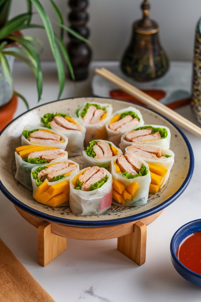 An indoor tabletop scene with sliced rice paper rolls showing cooked chicken strips, mango slices, and lettuce, presented on a ceramic plate. Photo, no branding.