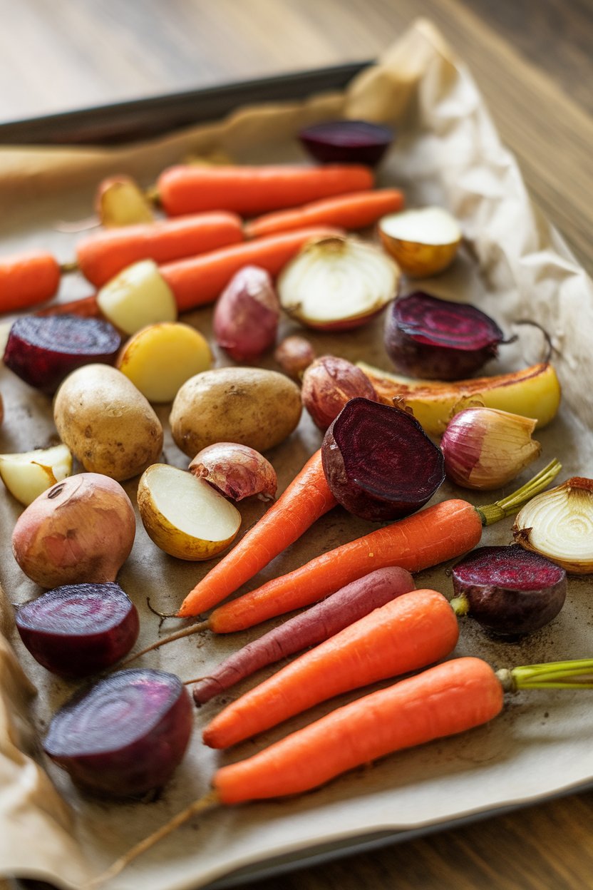 An indoor oven tray piled with assorted roasted vegetables on parchment, no text or logos, photo only