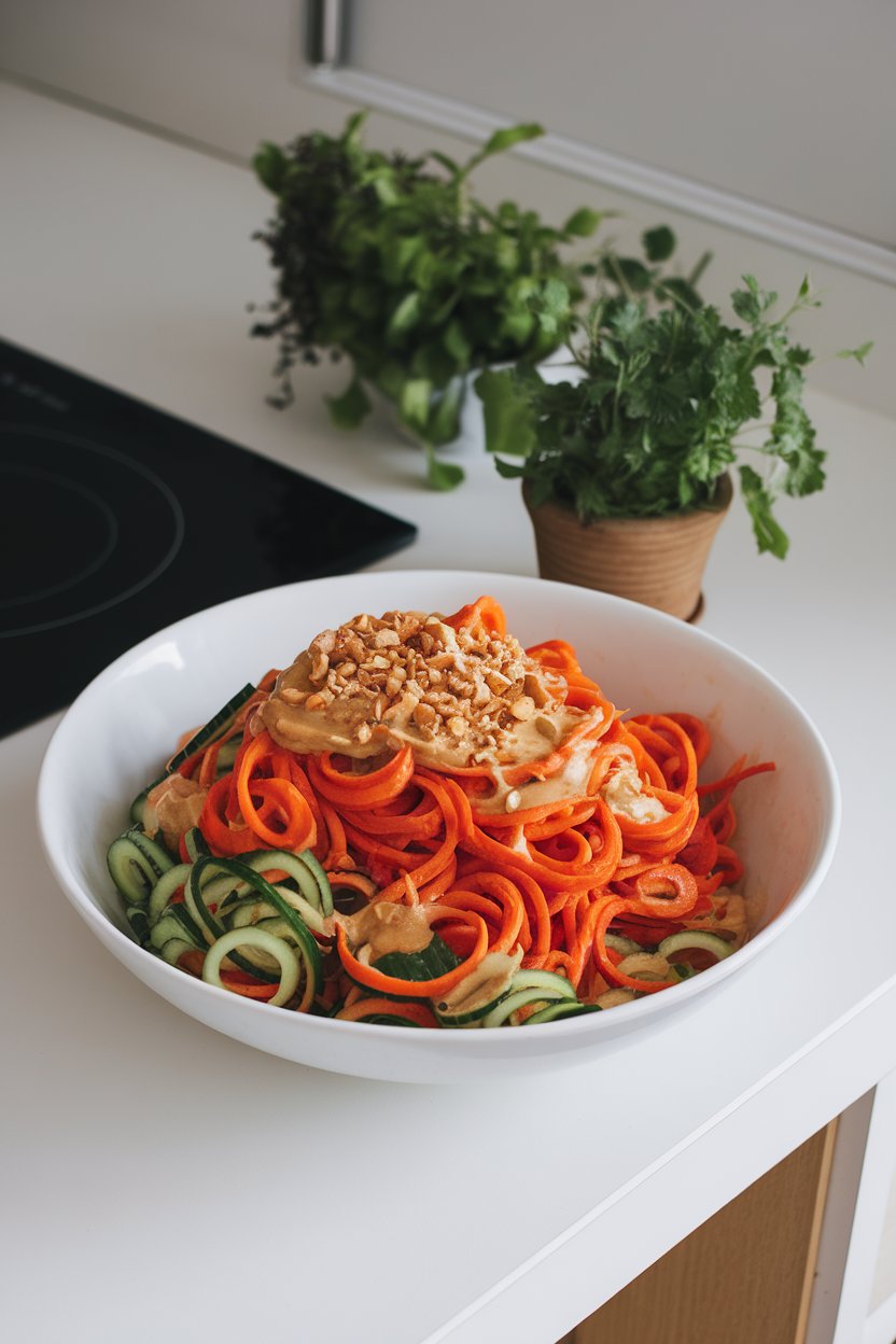 Indoor kitchen counter featuring a bowl of spiralized carrots and cucumbers tossed in creamy peanut sauce, sprinkled with crushed peanuts. No logos or text; photo only.
