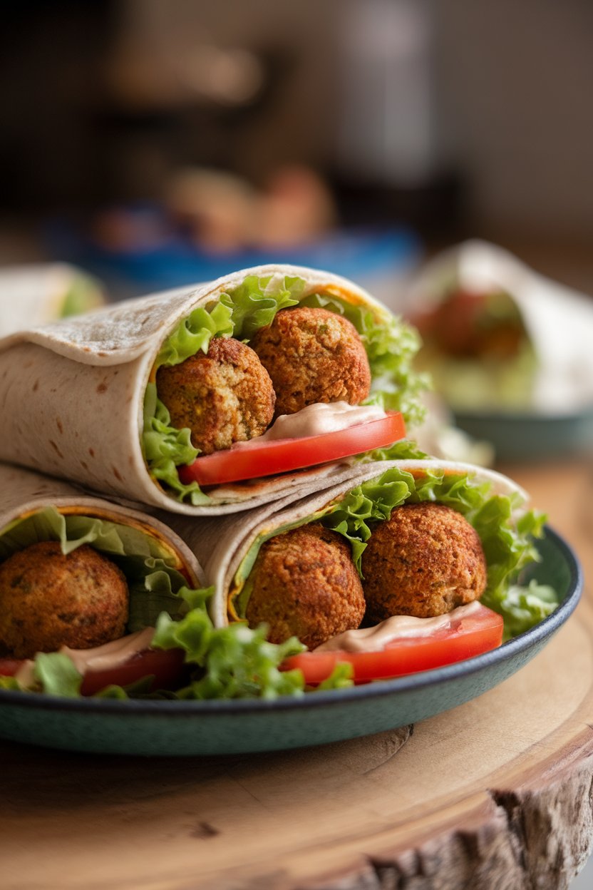 Photo, indoors, whole-grain wrap folded around baked falafel balls, lettuce, tomato, and tahini sauce, halves stacked on a plate. No text or logos.