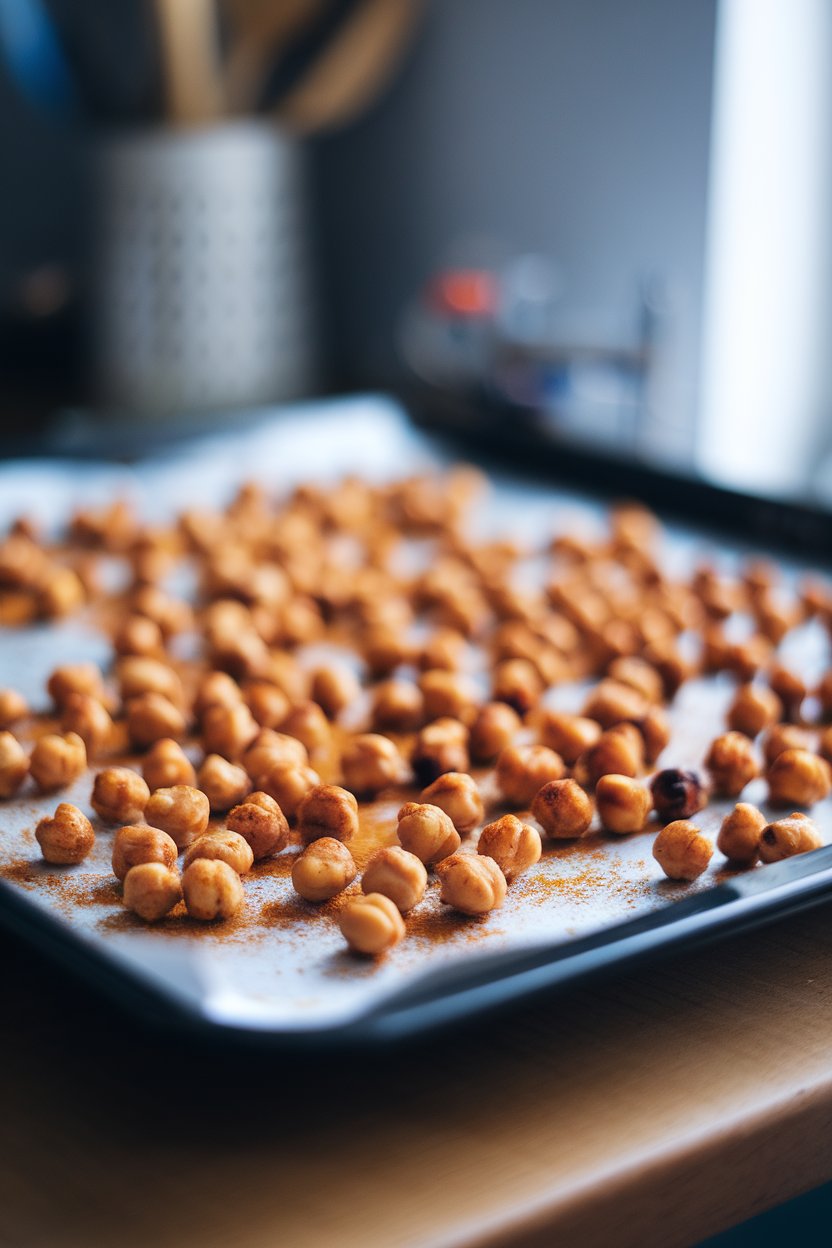 Indoor baking sheet covered with crispy roasted chickpeas dusted in paprika, photographed overhead. No logos or text; photo.