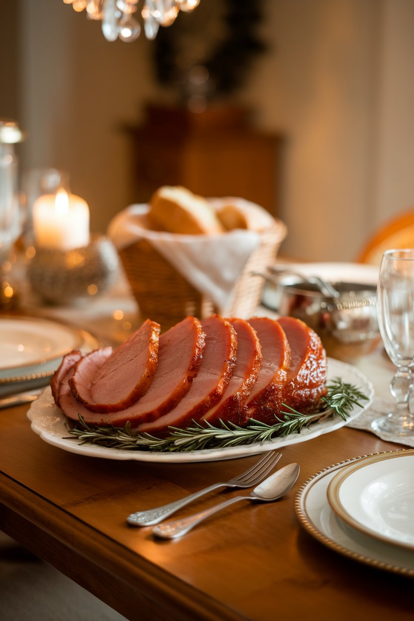 A warmly lit indoor dining table showcasing sliced spiral ham brushed with glossy maple glaze, arranged on a white platter with rosemary sprigs. No text or logos. Photo only.