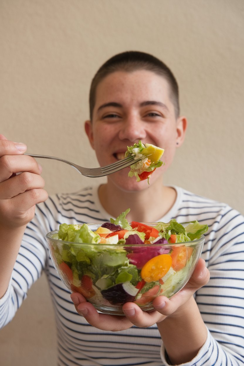 An indoor close-up of a person holding a fork halfway to their mouth, smiling, with a colorful salad bowl in front. No text or logos on clothing or utensils.