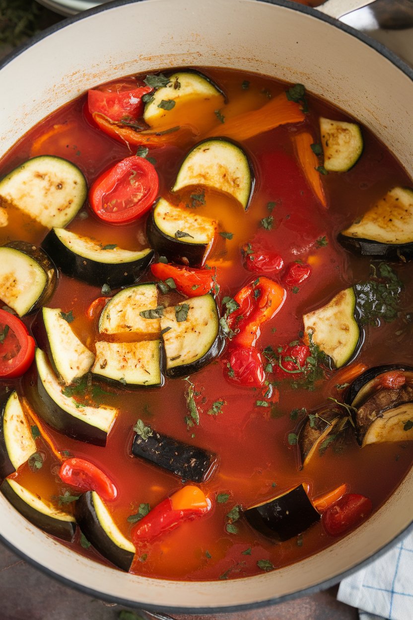 Indoor Dutch oven brimming with chunky zucchini, eggplant, tomatoes, and peppers in a light tomato broth. No logos or text; photo only.