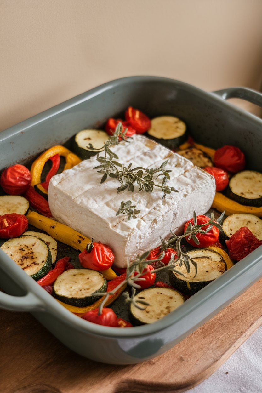Photo prompt: Indoor casserole dish featuring a block of baked feta surrounded by roasted zucchini, peppers, and cherry tomatoes, herbs sprinkled on top. No text or logos present.