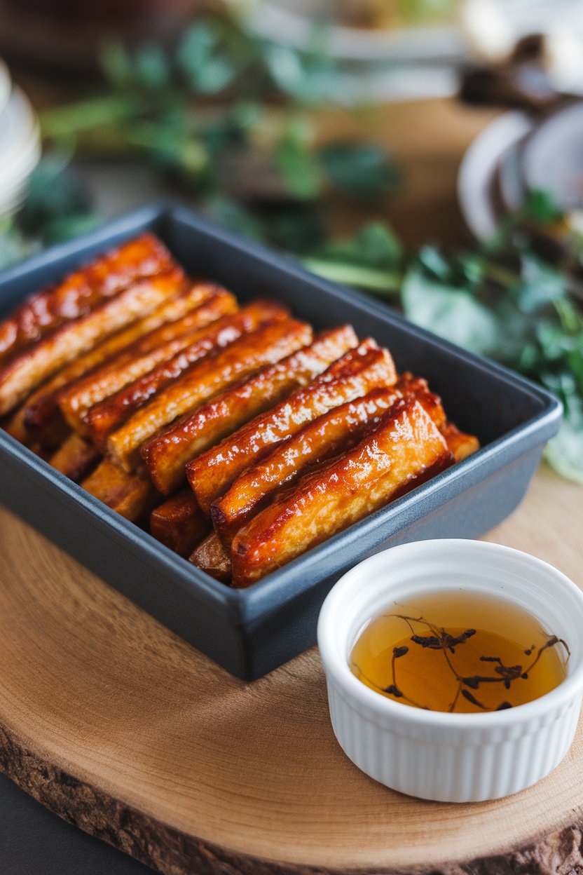 An indoor baking dish with rectangular tempeh strips glazed golden brown, small ramekin of dipping sauce next to it. No text or logos. Photo.